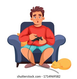 Stay at home concept. Man playing video games at home. Covid-19 prevention. Vector illustration on white background