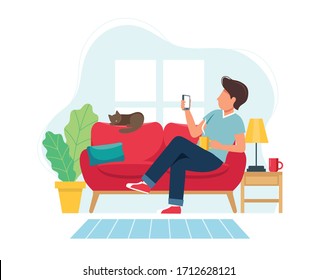 Stay home concept. Man sitting on sofa with smartphone in cozy modern interior. Vector illustration in flat style