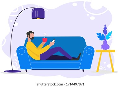 Stay home concept. Man sitting on sofa with smartphone an coffee in modern interior. Vector in flat style. Concept of quarantine, self isolation. For web banner, poster, social media
