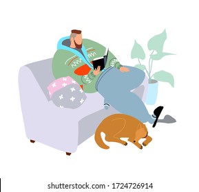 stay at home concept, man sitting at his home on sofa at room with dog, reading book or learning, quarantine, color vector illustration isolated on white background in flat & handdrawn style