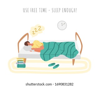 Stay home concept - man is sleeping in cozy bed, home activity for covid-19 quarantine isolation - rest and sleep enough, flat cartoon character in bedroom isolated on white - vector illustration