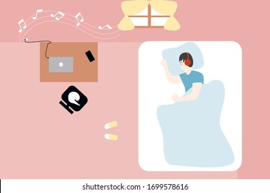 Stay at home concept. Man is sleeping in bed and listening to music via headphones. vector illustration.