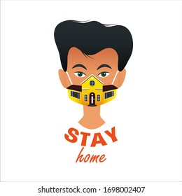 Stay at home concept man wearing face mask to prevent COVID-19 vector illustration. COVID-19 design concept