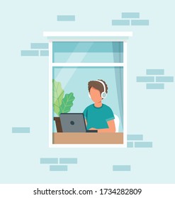 Stay home concept. Man working at home. Social isolation during epidemic. Cute vector illustration in flat style