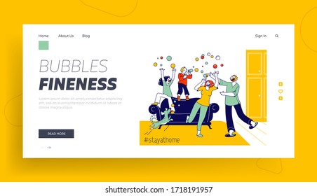 Stay Home Concept with Mom, Dad Dog and Children Landing Page Template. Happy Family Characters Parents and Kids Blowing Soap Bubbles at Covid19 Quarantine Isolation. Linear People Vector Illustration