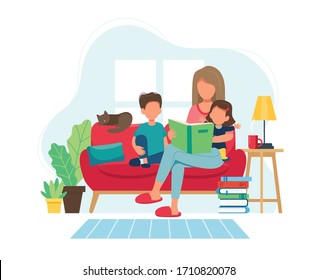 Stay home concept. Mother reading to kids in cozy modern interior. Vector illustration in flat style