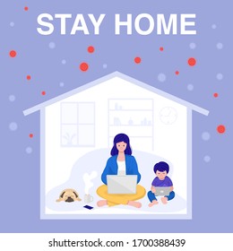 Stay home concept, Mother working on laptop while her son watching cartoon. Vector