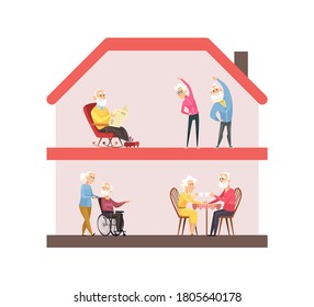 Stay home concept. Nursing house, elderly lifestyle. Senior people doing sport, drink tea and reading. Retired life vector illustration