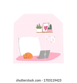 Stay home concept. Home office interior design in cozy room with stylish comfy furniture, decorations and plants. Daily life of freelance worker. Life in quarantine, self-isolation