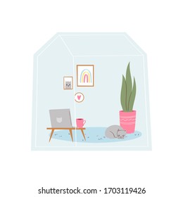 Stay home concept. Home office interior design in cozy room with stylish comfy furniture, decorations and plants. Daily life of freelance worker. Life in quarantine, self-isolation