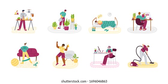 Stay home concept - people and home activities for covid-19 quarantine isolation - cooking, cleaning, dancing, sport exercise and resting, flat cartoon characters isolated on white vector illustration