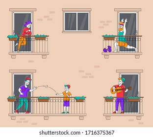 Stay Home Concept, People Characters on Balconies during Coronavirus Pandemic Isolation Quarantine. Neighbors in their Apartments Spend Time Exercising, Play Guitar, Relax. Linear Vector Illustration