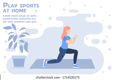 Stay home concept. People doing exercise. Vector illustration in flat style. Sport at home. Squat. Girl go in for sports.