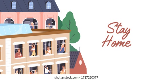 Stay home concept. People isolation, coronavirus quarantine horizontal banner. Men and women spend time in apartment during pandemic. Neighbors in windows. Vector illustration in flat cartoon style