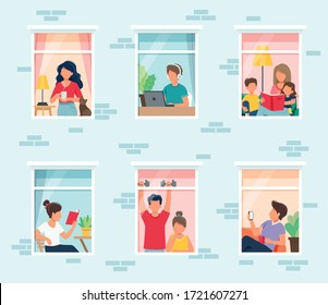 Stay home concept. People looking out windows. Social isolation during epidemic. Cute vector illustration in flat style