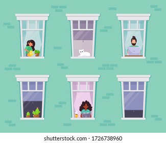 Stay home concept. People looking out windows. Social isolation during pandemic. Vector illustration in flat style