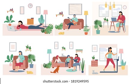 Stay home concept. People stay at home. Men and women working, doing exercises, relax, communicate with family during quarantine. Work, leisure and hobby. Vector illustration in flat style