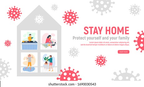 Stay home concept. People in quarantine at their home cooking food, dancing to music, working on a laptop, watering flowers. Flatten the curve COVID-19 virus. Social distance. Vector illustration