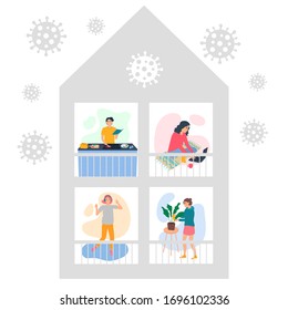 Stay home concept. People in quarantine at their home cooking food, dancing to music, working on a laptop, watering flowers. Flatten the curve COVID-19 virus. Social distance. Vector illustration