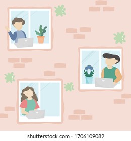 Stay home concept. People are quarantined or segregated in their homes to reduce the spread of the covid virus. House facade with windows. Vector flat design illustration.