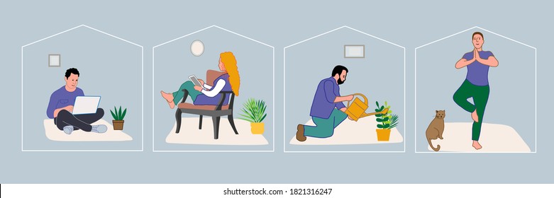 Stay home concept.  People reading a book, chatting on the internet, doing yoga, and watering flowers . Self isolation, quarantine due to coronavirus. Set of illustration of home activities