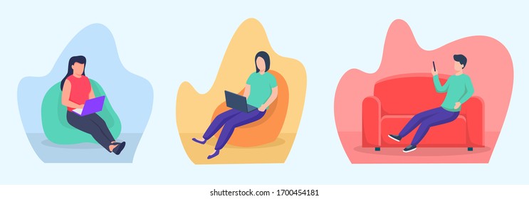 stay from home concept with people sit on couch sofa collection with modern flat style
