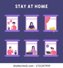 Stay home concept. People were seen from apartment window. Windows with people inside their houses. people do enjoy coffee, online study, self-isolation, watching tv or movies and working from home.