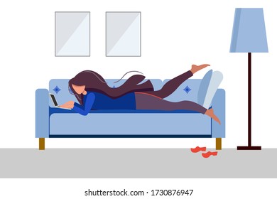 Stay home concept. People work at home to prevent a viral infection. Girl works on laptop at home. Quarantine to prevent coronavirus infection. Work at home during an outbreak of the COVID-19 virus.