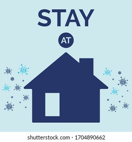 stay at home concept poster with text on top roof home logo and virus covid-19 around home. 