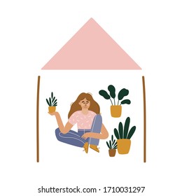 Stay home concept. Quarantine due to coronavirus. Isolation days poster. Girl takes care for houseplants. Lettering for social media, banners, web, card, stickers.