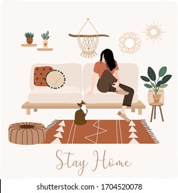 Stay home concept. Quarantine life. Woman illustration and a Cat. Self isolation. Minimal modern Home decor concept. 