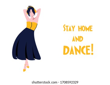 Stay at home. The concept of quarantine, self-isolation. The girl IN THE LONG DRESS DANCES AND HEARS MUSIC. WOMAN IN HEADPHONES.