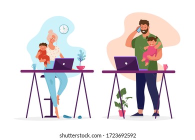 Stay at home. The concept of remote work from home to protect against coronavirus, freelance, business and family. A man and a woman are engaged in work and take care of their children.