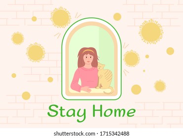 Stay home concept. Self-isolation during an epidemic. House facade with windows, girl and cat look out of apartment cartoon. Stop coronavirus, prevention covid 19. Vector illustration
