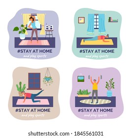 Stay at home concept series, people sitting at their apartments or rooms and going in for sports, spending time to good use. Family sitiing at home, keeping the distance. Quarantine or self-isolation