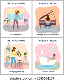 Stay at home concept series, people sitting at their apartments, doing what they love, favorite hobby. Family sitiing at home keeping the distance. Quarantine or self-isolation. Health care concept