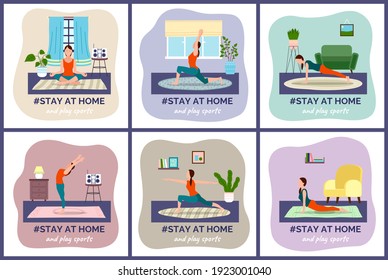 Stay at home concept series, people sitting at their apartments or rooms and going in for sports, spending time to good use. Family sitiing at home, keeping the distance. Quarantine or self-isolation
