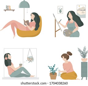 Stay at home concept series, quarantine,  people sitting at their home room or apartment, reading books, drawing, relaxing on sofa and listening to the music.

