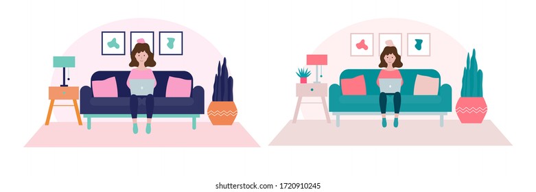Stay home concept. Set of a girl sitting on a sofa and working from home flat vector illustrations.Self-isolation, quarantine due to Coronavirus. Freelance or studying concept.