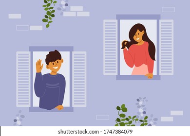 Stay home concept. Smiling man and woman look out of apartment windows and flirt. House facade flat vector illustration. Greeting of young happy neighbors. People familiarity. Self isolation dating. 