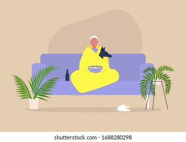 Stay home concept, social self isolation, young male character cuddling with their dog wrapped in a blanket
