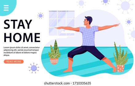 Stay home concept template. Man practicing yoga. Quarantine illustration for stop the coronavirus pandemic. Healthcare vector landing page, website and banner illustration.
