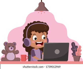 Stay home concept vector. African kid using laptop for Online education at home for quarantine from corona virus. girl happy smile using internet technology for e-learning. people work at room.