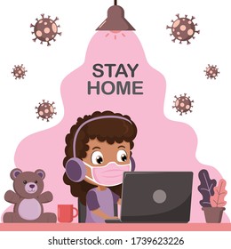 Stay home concept vector. African kid wearing medical face mask using laptop for Online education at home for quarantine from corona virus. Girl happy smile using internet technology for e-learning. 