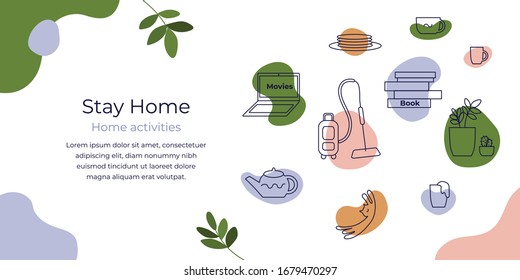 Stay home concept. Vector icons of care for houseplants, reading book, cleaning house, cooking, watching movies. Illustration of choosing home activities. Coronavirus quarantine. Flyer layout template