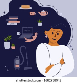  Hospédese en casa. Ilustración vectorial de una chica con el pelo largo eligiendo actividades. Cuidado con las plantas domésticas, lectura de libros, tareas domésticas, cocina, ver películas. Cuarentena de Coronavirus, autoaislamiento.