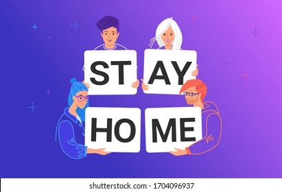 Stay home concept vector illustration of smiling teenage friends holding letters to prevent and avoid coronavirus covid-19 spreading for saving lives. Creative banner for safe quarantine period