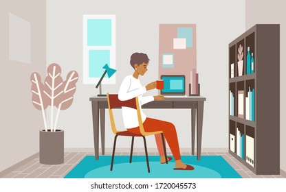 Stay at home concept. Vector illustration of black woman in the home office. Freelance or studying concept. Concept for any telework illustration, free lance workers, workers at home.