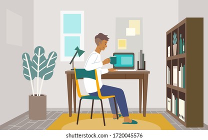 Stay at home concept. Vector illustration of black man in the home office. Freelance or studying concept. Concept for any telework illustration, free lance workers, workers at home.