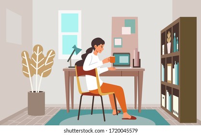 Stay at home concept. Vector illustration of woman in the home office. Freelance or studying concept. Concept for any telework illustration, free lance workers, workers at home.